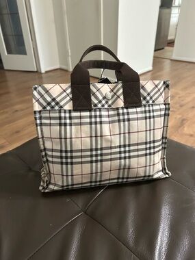 Burberry Plaid Canvas Tote in Beige, Brown & Black